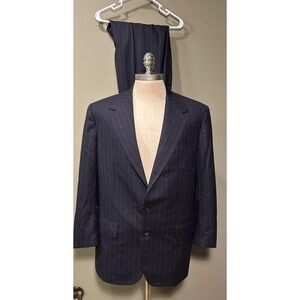 Oxxford Clothes Wool Suit Black Pinstripe 42R Exmoor 36X28 Pleated Cuff Bespoke